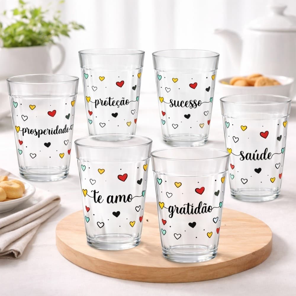 Kit 6 Copo Americano 190 ml Vidro Transparente Decorado Frases Copo Bar Resistente Café Suco Água Decoração