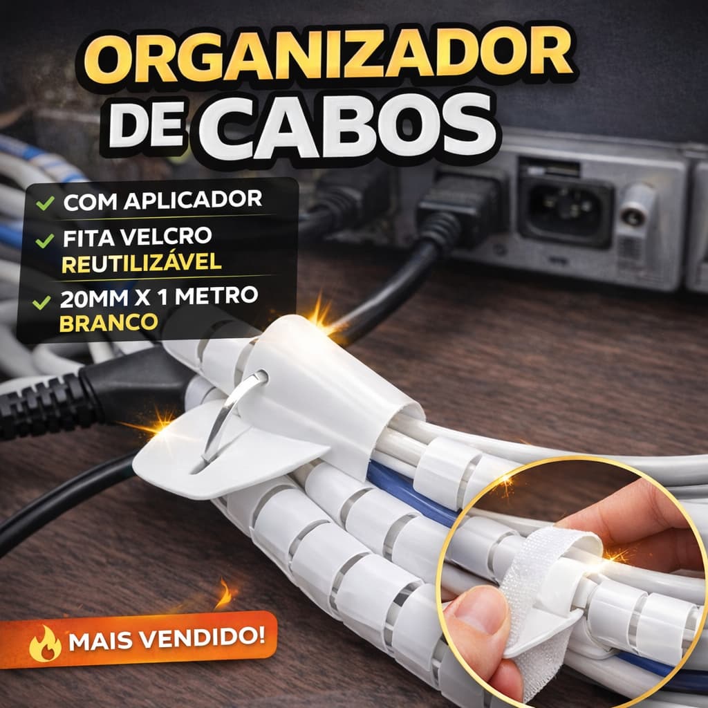 Organizador de Cabos Velcro 1m Branco Fita Ajustável Gestão de Fios USB Mesa TV escritório