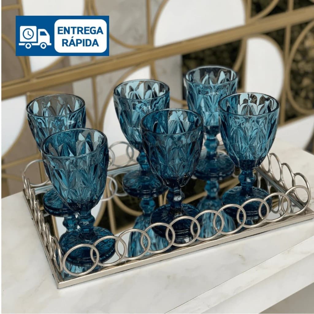 Taça Bali 320ml Vidro Azul | Jogo com 04|06|08|12 Peças | Taça para Água, Suco, Vinho e Sobremesa