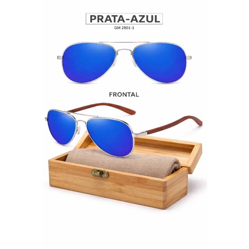 óculos piloto aviador em metal com hastes em madeira natural wood