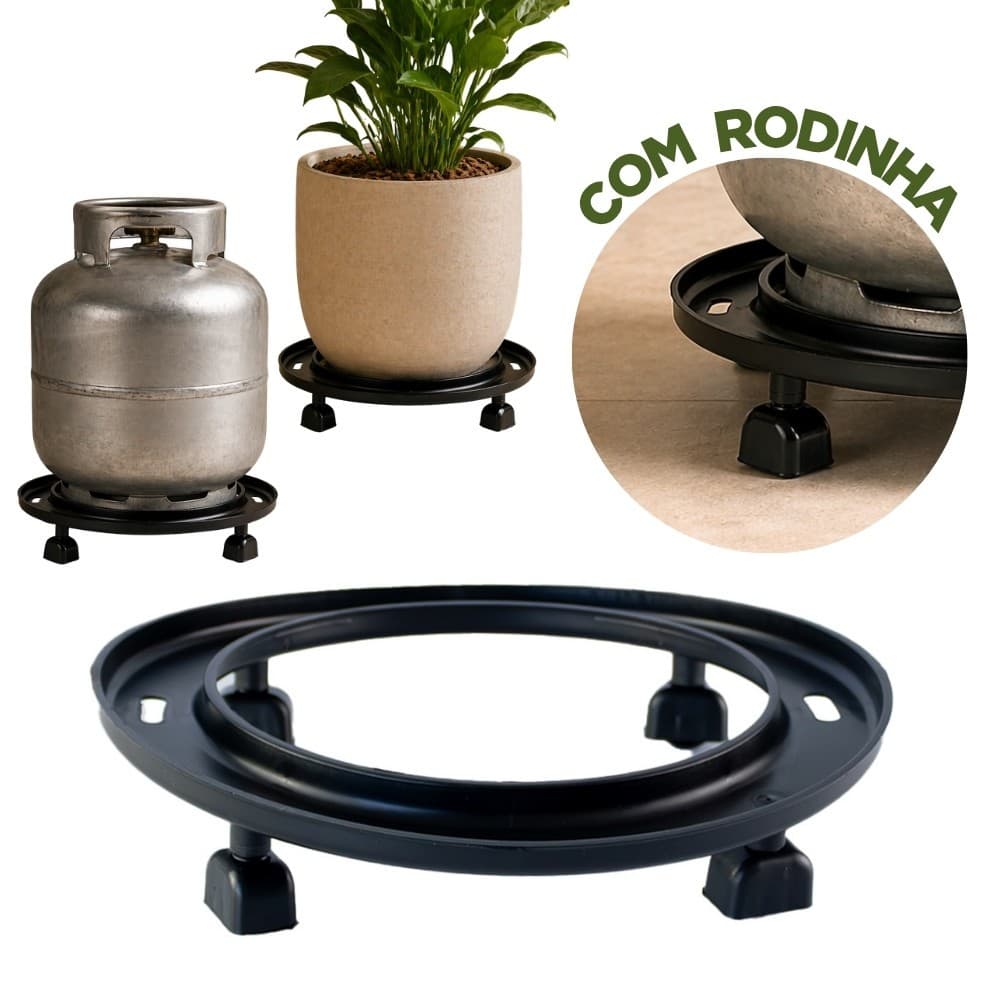 Suporte Botijao Gas Vaso Planta Com Rodinha Plastico Resistente Base Movel Multiuso Preto