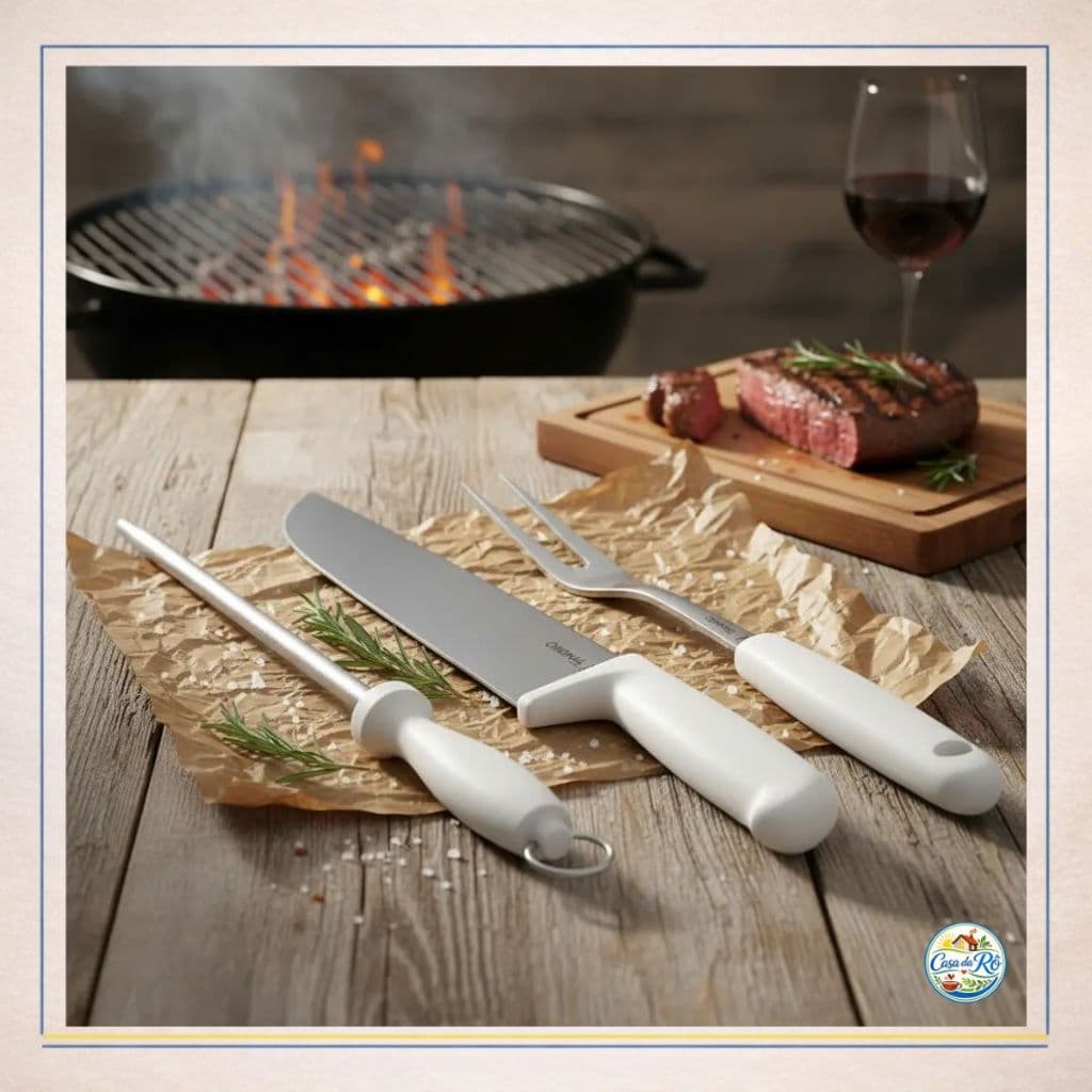 Kit Churrasco Faca Garfo Chaira Amolador Aço Inox Jogo de Facas Profissional Churrasqueiro Cabo Branco