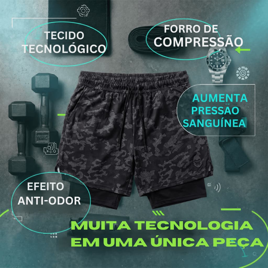 Shorts Fitness Kong Masculino - Forro Duplo, Bolso Celular e Dry Fit