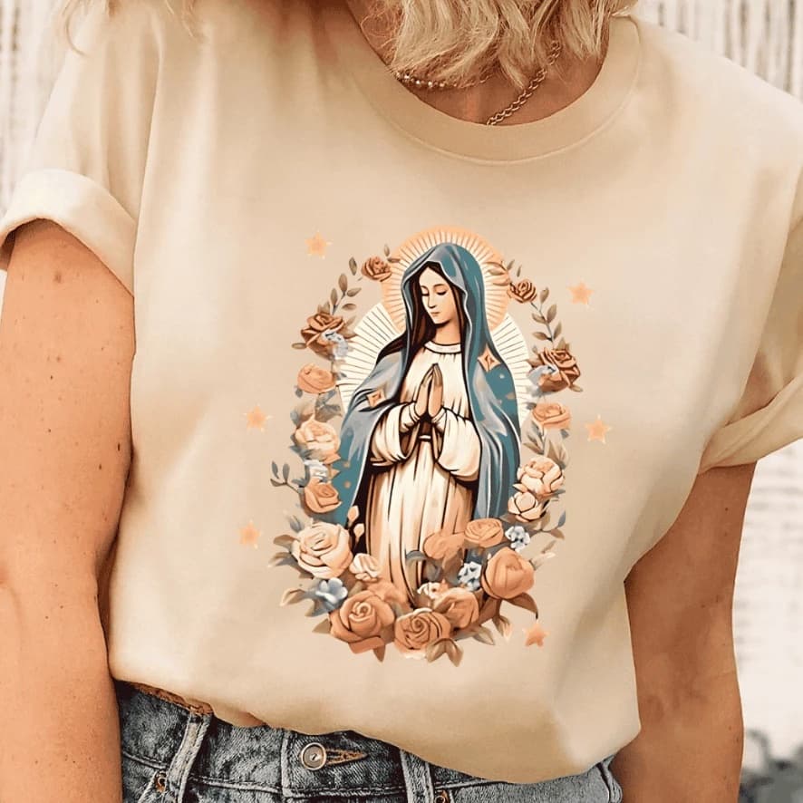 Camiseta Cristã Católica Nossa Senhora de Guadalupe Adulto e Infantil Unissex 100% Algodão Premium - Lançameto