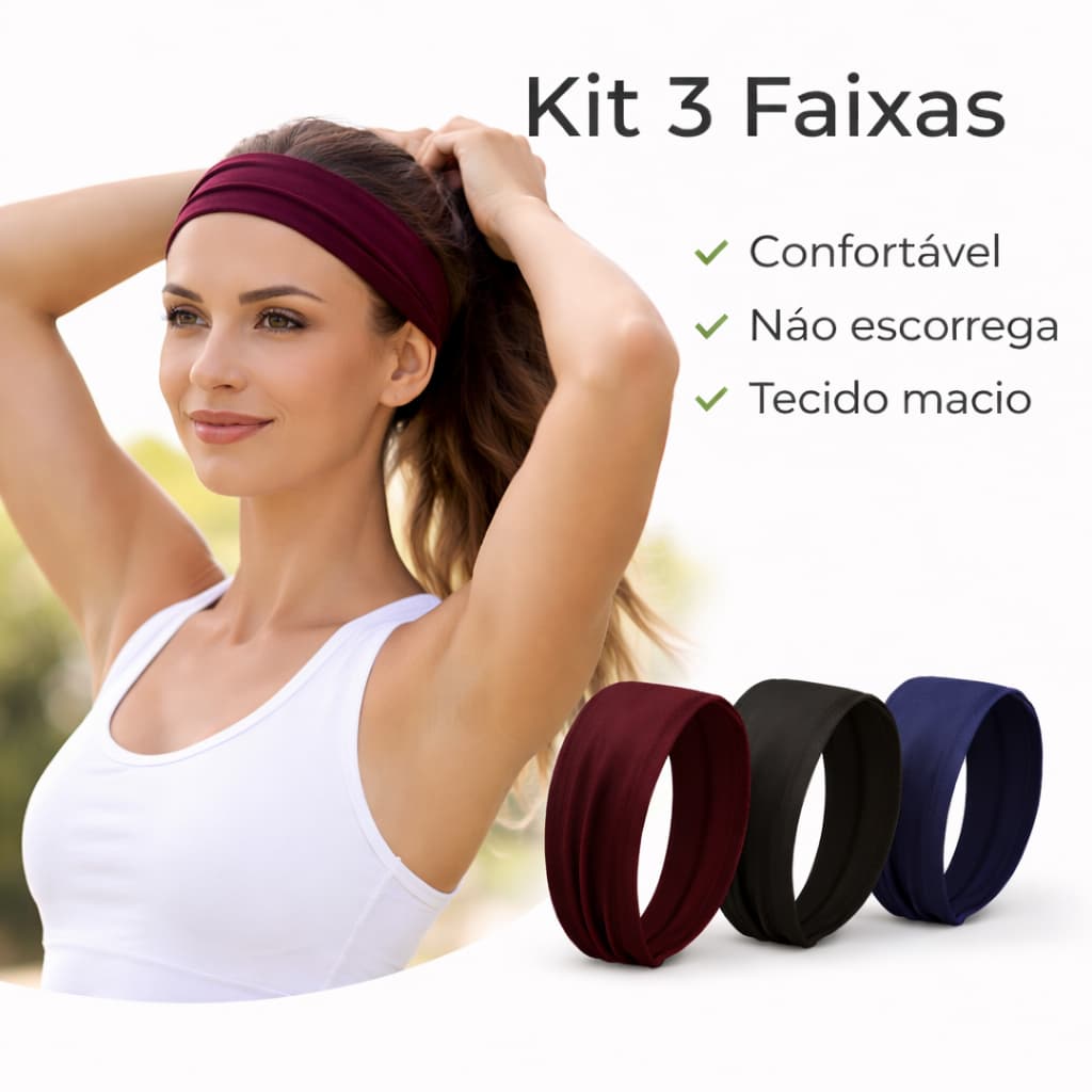 Kit 3 Headband Feminina Academia Fitness Poliamida Confortável