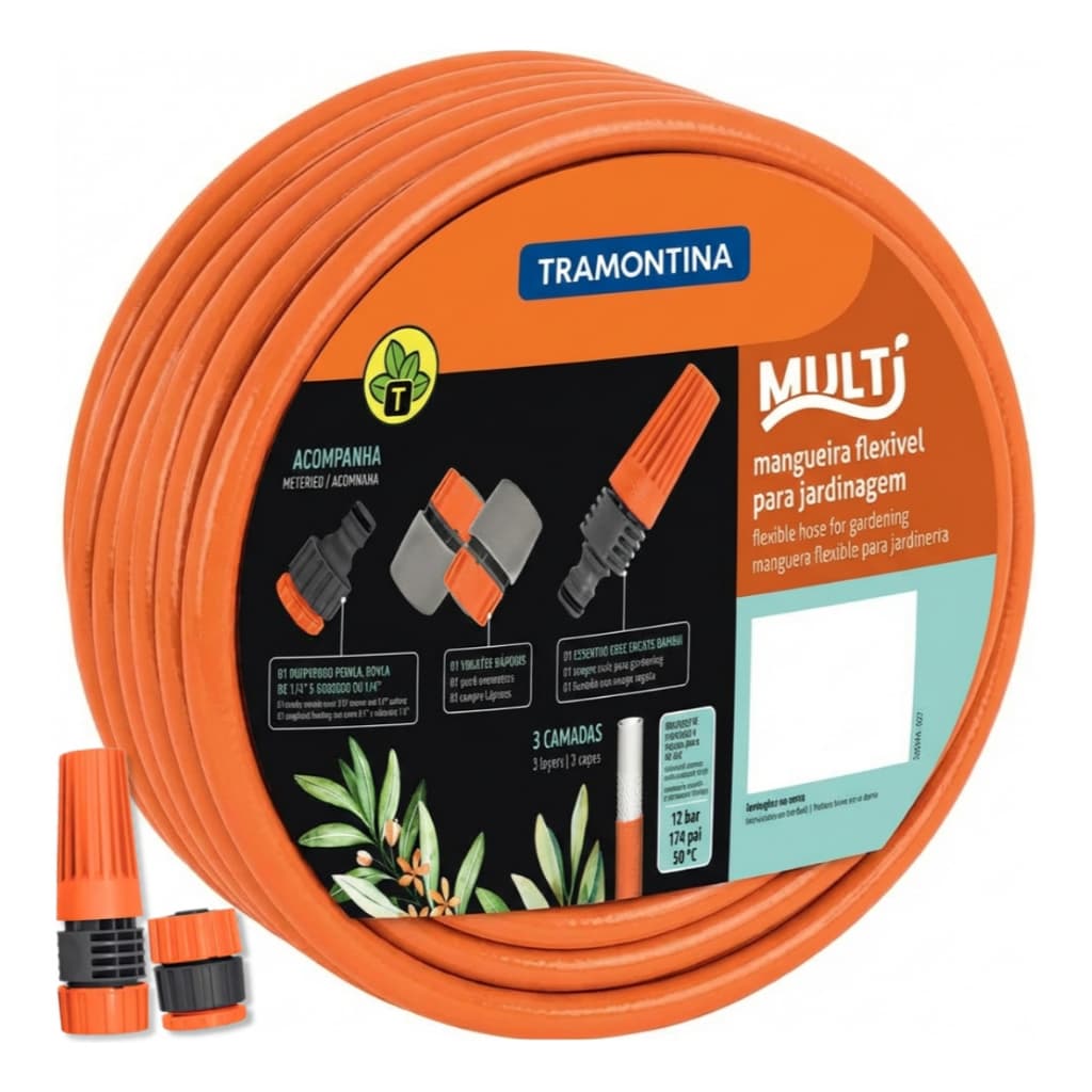 Mangueira de Jardim Tramontina Em Pvc Laranja 25M 1/2 Multi Com Engates Rosqueados E Esguicho