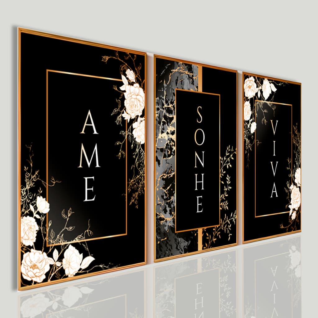 Kit 3 Quadros Decorativos Luxo Mosaico Preto e Dourado Sala Quarto Premium Frases Ame Sonhe Viva