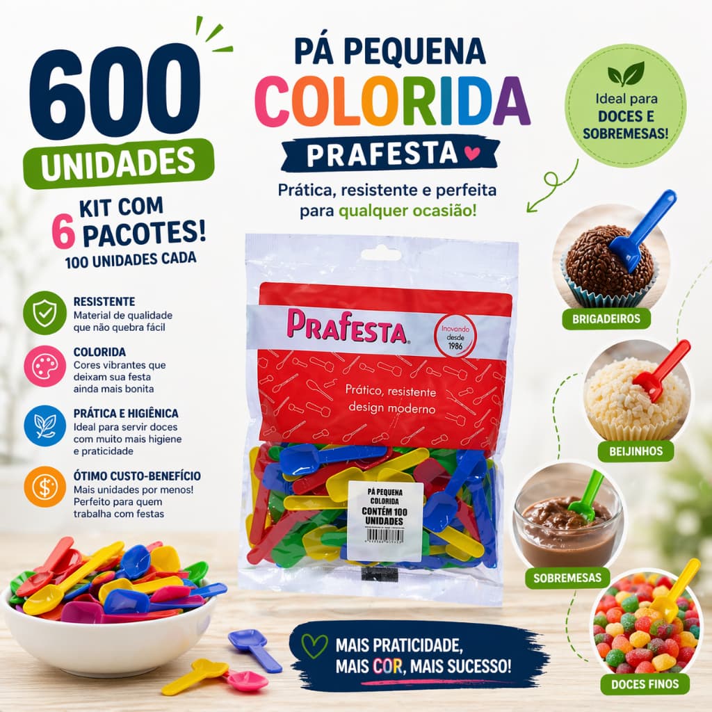 600 Pás Pequenas Coloridas PraFesta 6 Pacotes Colher Doces Brigadeiro Festa Atacado