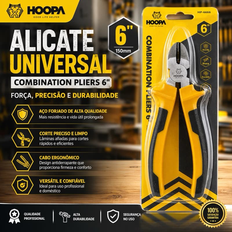 Alicate Universal 6” Profissional HOOPA | Corte Preciso + Alta Durabilidade | Cabo Ergonômico