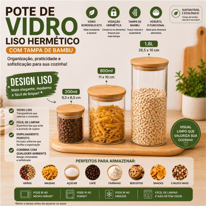 Pote Vidro LISO Hermético Tampa Bambu 200ml 800ml 1,8L Resistente Porta Alimentos Cozinha Organização, Guardar Comida