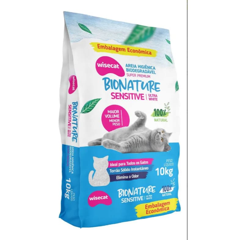 Areia Higiênica Gato Biodegradável 10kg Bionature Sensitive Ultra White Sem Odor Torrão Forte
