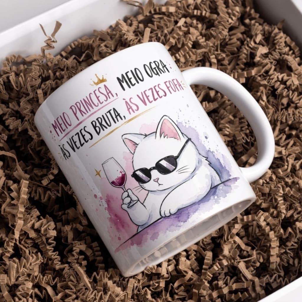 Caneca Personalizada 325 ml Meio Princesa Meio Ogra Gatinho Divertida Presente Feminino