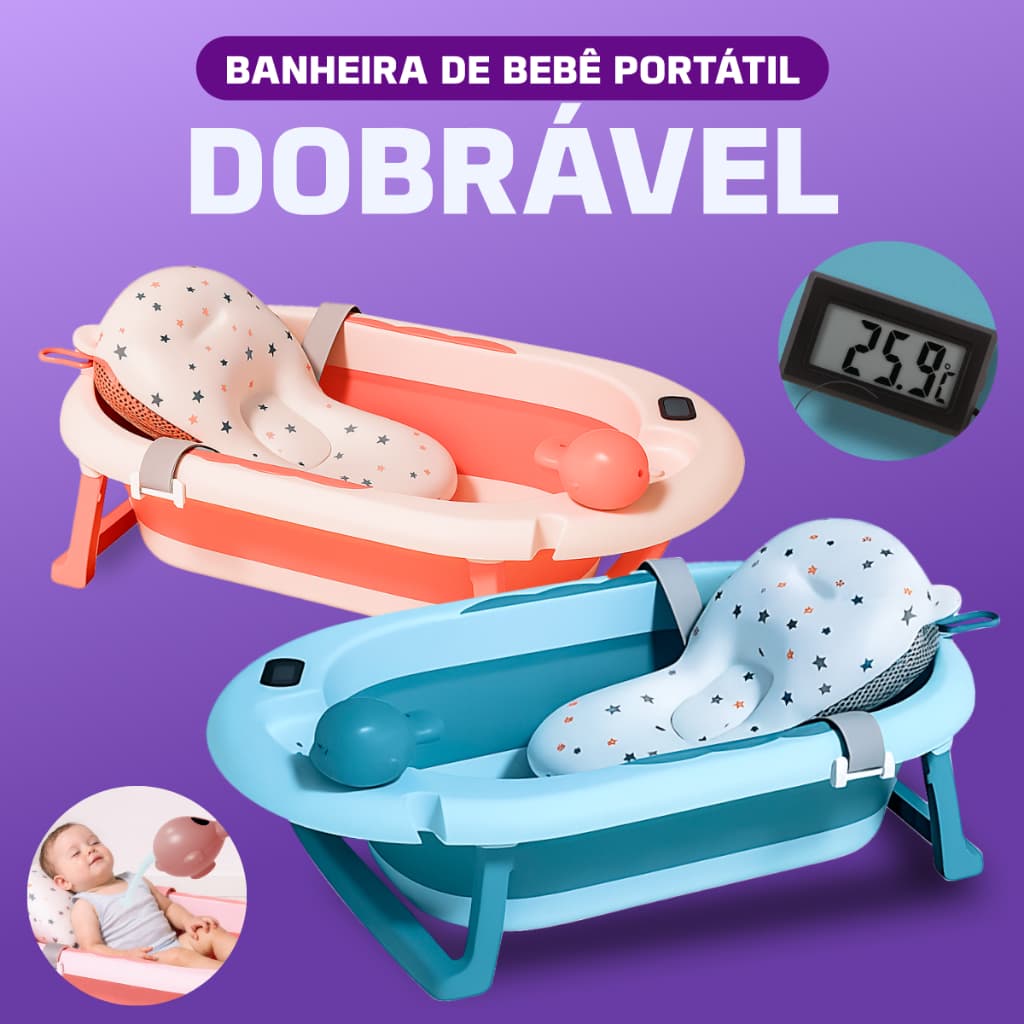 Banheira Azul ou Rosa para bebe com termômetro digital + almofada + chuveirinho de mão Dobrável