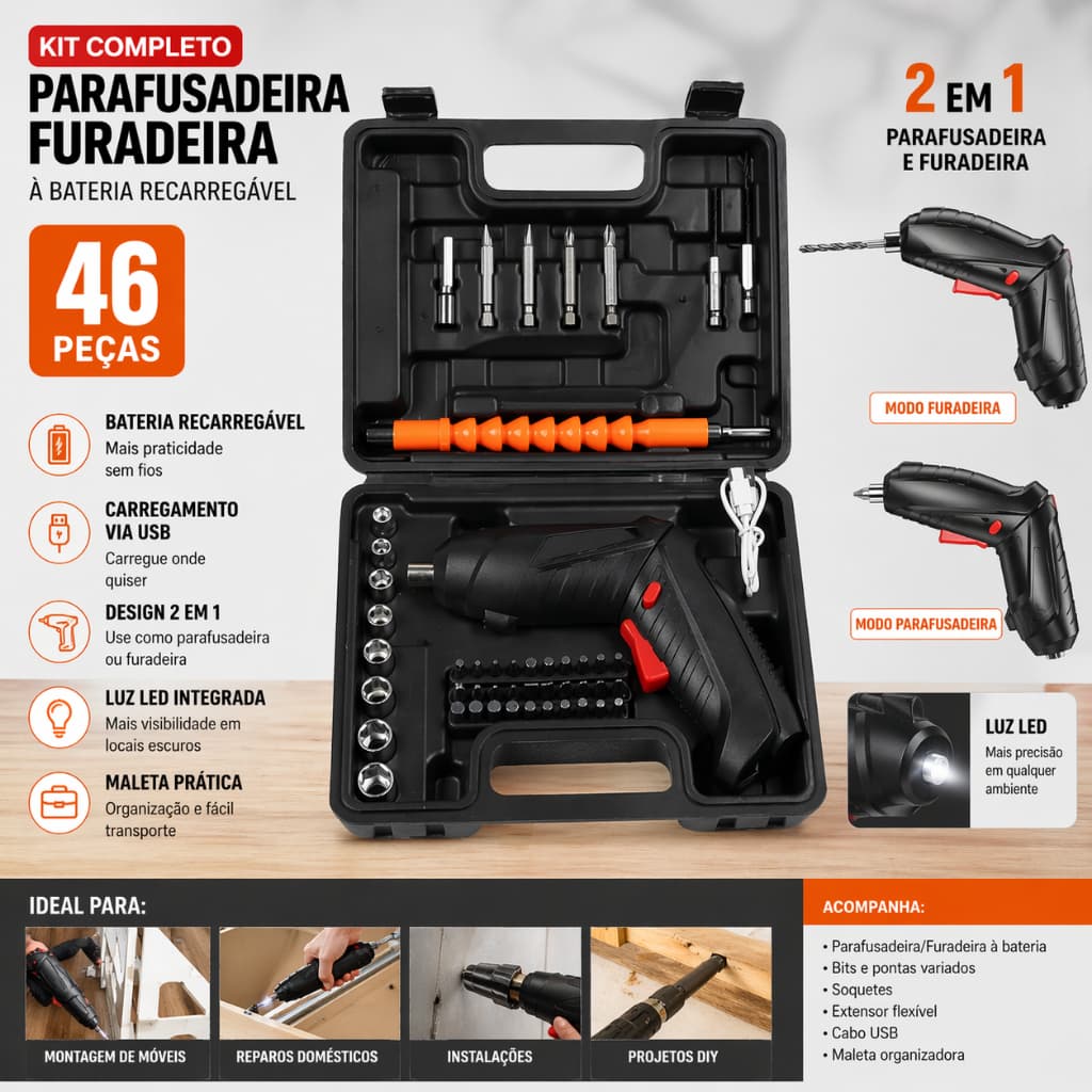 Parafusadeira Elétrica Recarregável com Kit Completo – Praticidade para Reparos do Dia a Dia