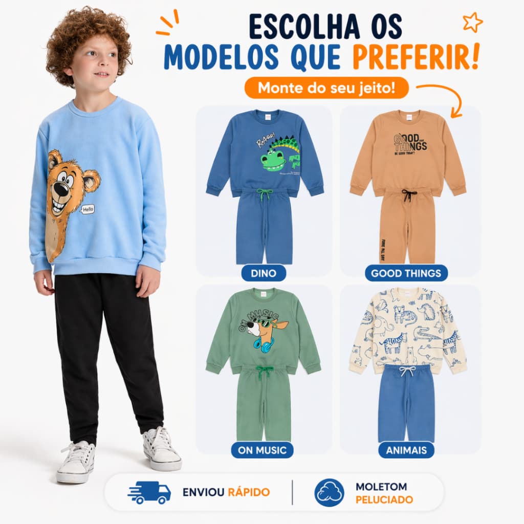 Conjunto Moletom Infantil Menino Inverno Peluciado 2 ao 10 anos