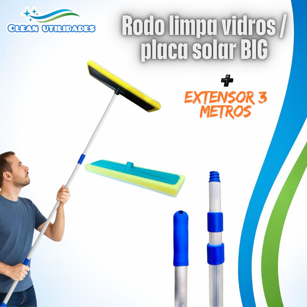Rodo para limpeza placa solar ou vidros + cabo extensor 3 metros em alumínio