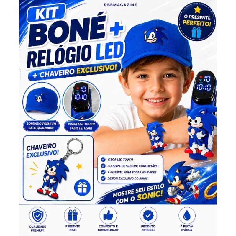 Boné Sonic Infantil Bordado + Relógio digital Prova D'água