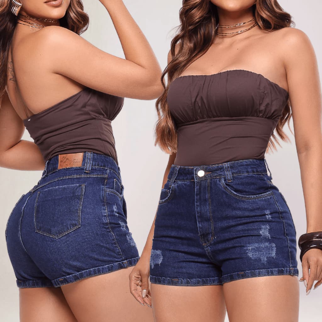 Shorts Jeans Feminino Sem Elastano 100% Algodão Escuro Com Barra Cintura Alta Premium