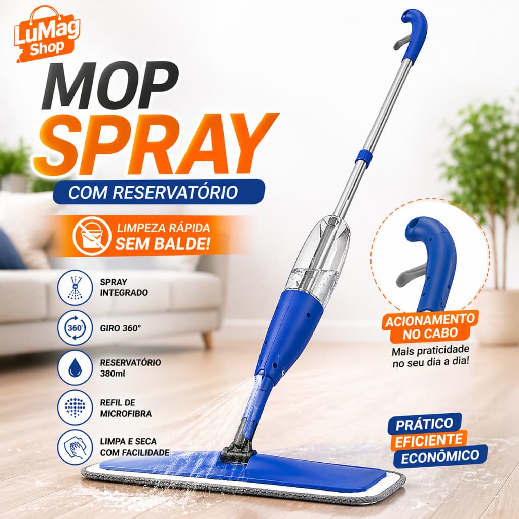 Mop Spray Rodo Esfregão Com Reservatório 380ml Limpeza Rápida Sem Balde Giratório 360°