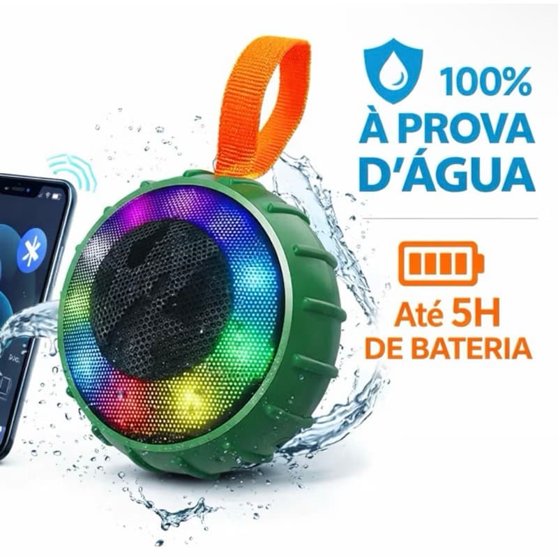 Caixa de Som Bluetooth A Prova D’água com LED Portátil Potente Rádio FM Pendrive Sd