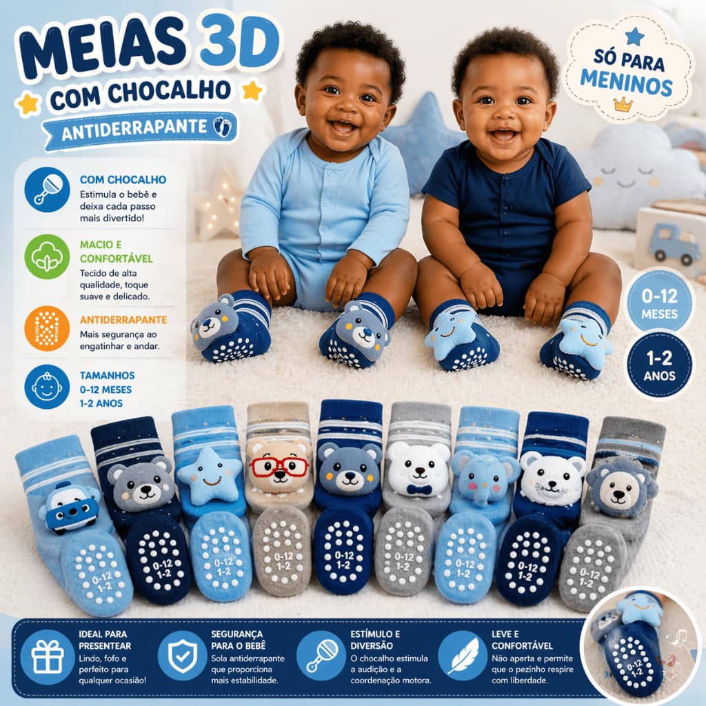 3/6/12 Meias Bebê Infantil Menino Meia 3D com Chocalho Fofa Kit Pares Antiderrapante Macia 0 a 24 Meses