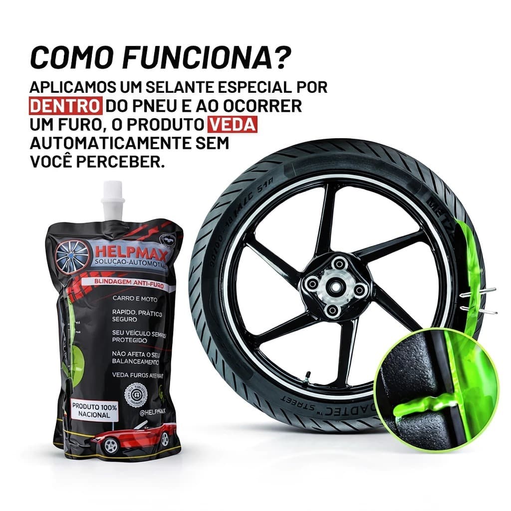 Selante De Pneu Bilndagem Anti furo Motocicleta e Carro - C/ Câmara ou Sem - Não Afeta Balanceamento