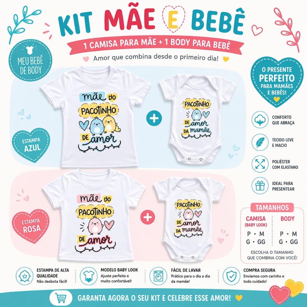 Kit Mãe e Filho(a) Body Bebê + Camiseta Mãe Pacotinho de Amor Presente