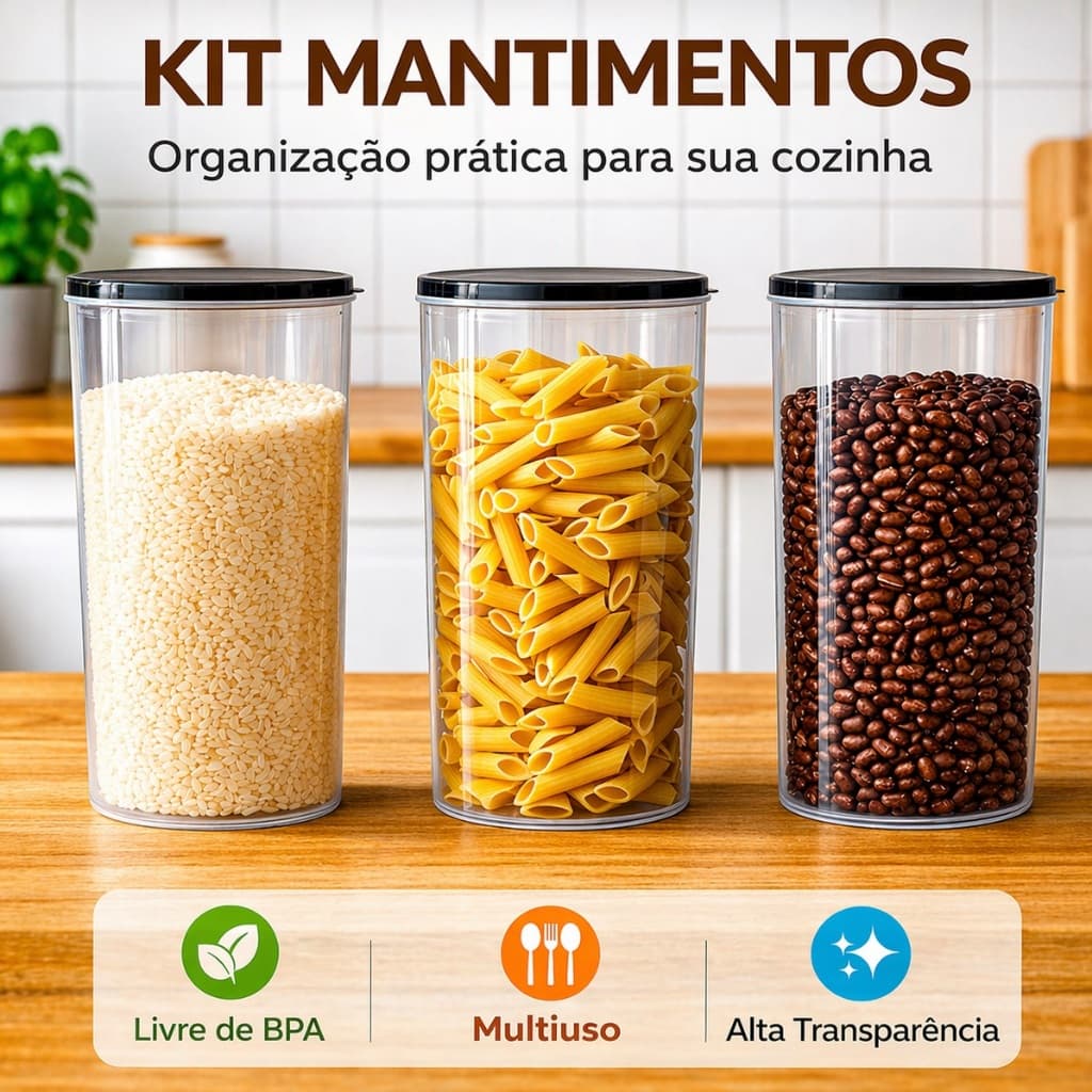 Kit 3 porta mantimentos 2,5 L transparente armazenamento organizadores BPA FREE com tampa