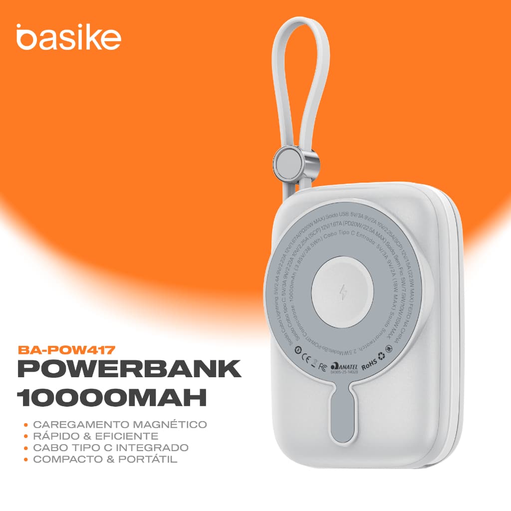 Basike Power Bank Magnético 10.000mAh PD20W 22.5W Turbo Carga Sem Fio Indução Compacto Carregador