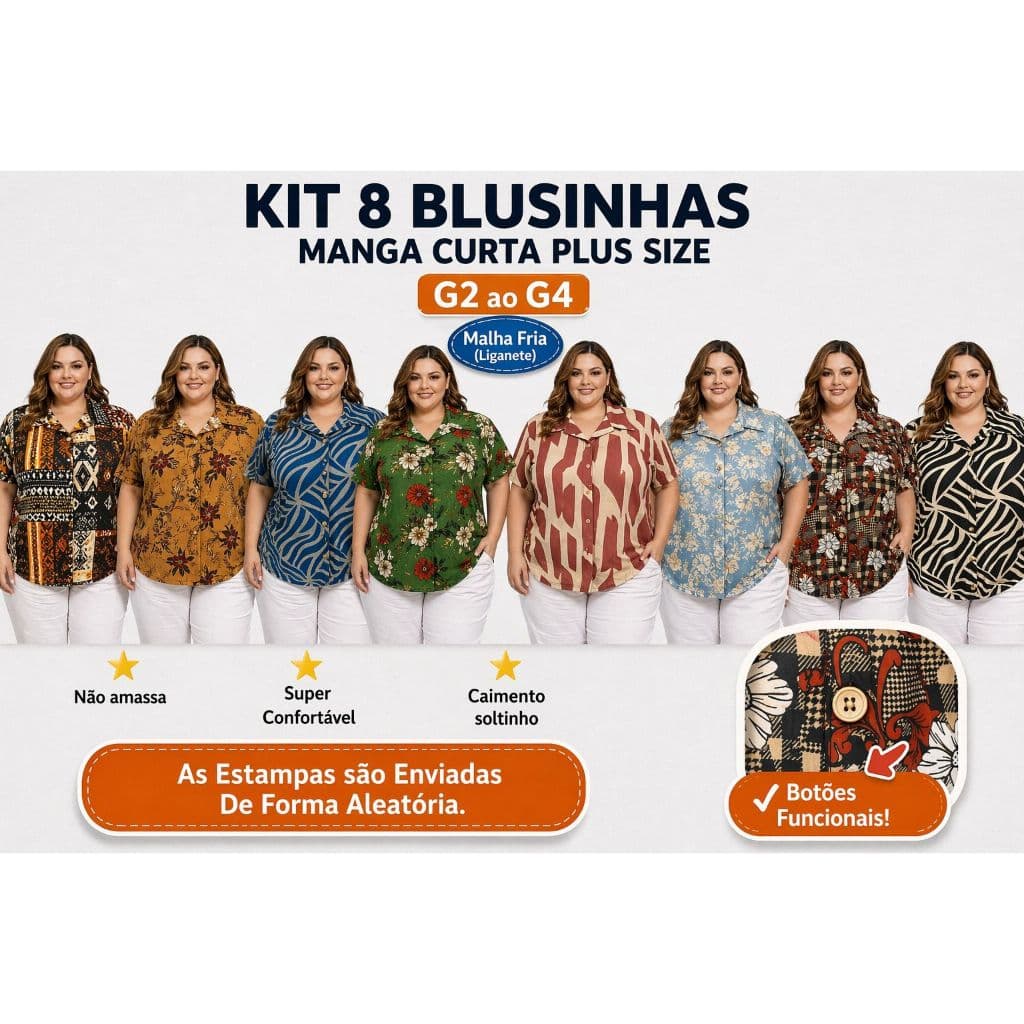 Kit 8 Camisas Feminina Plus Size Manga Curta Caimento Soltinho Conforto G2 ao G4 Atacado