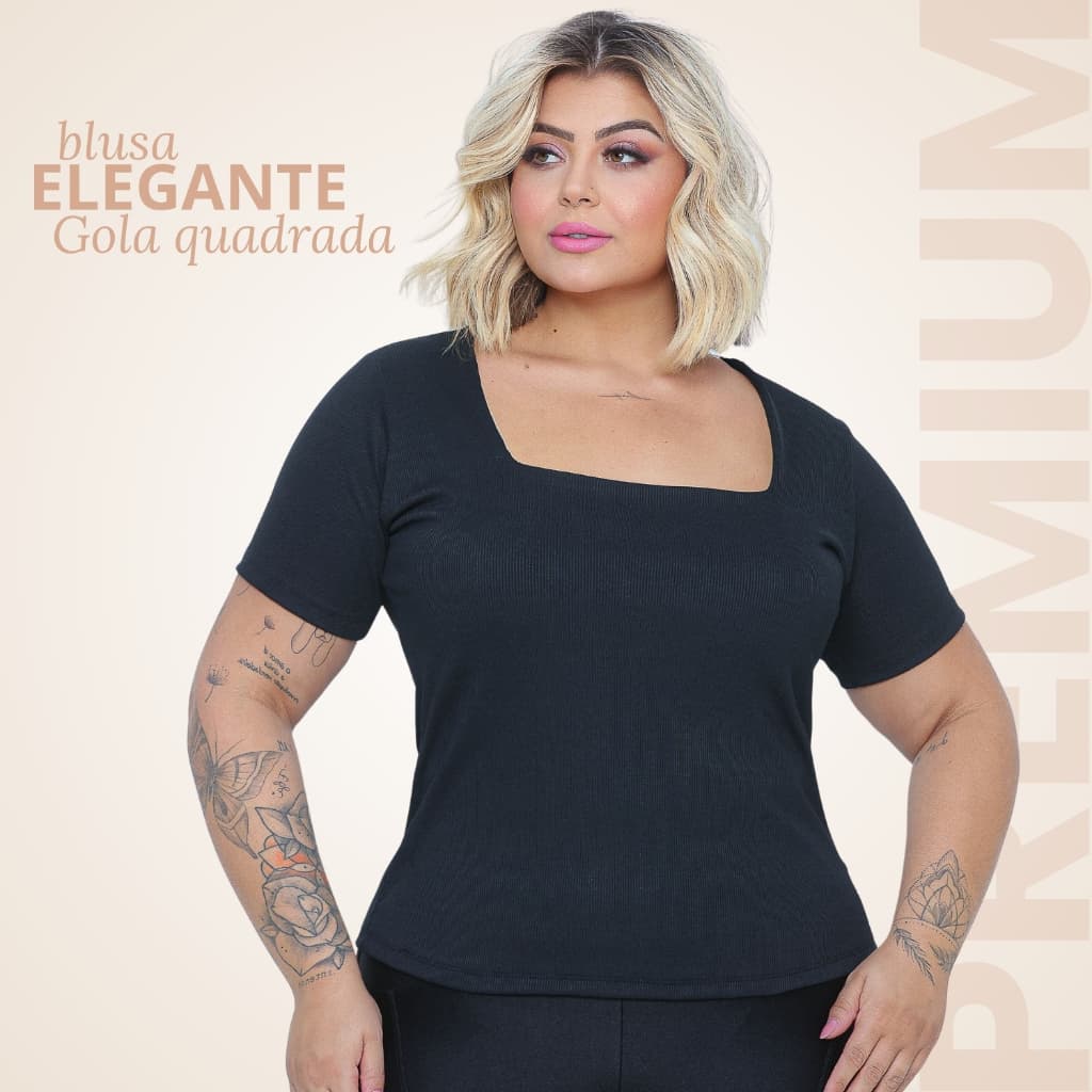 Blusa Feminina Plus Size Gola Quadrada Alta Elasticidade Elegante Confortável até G4