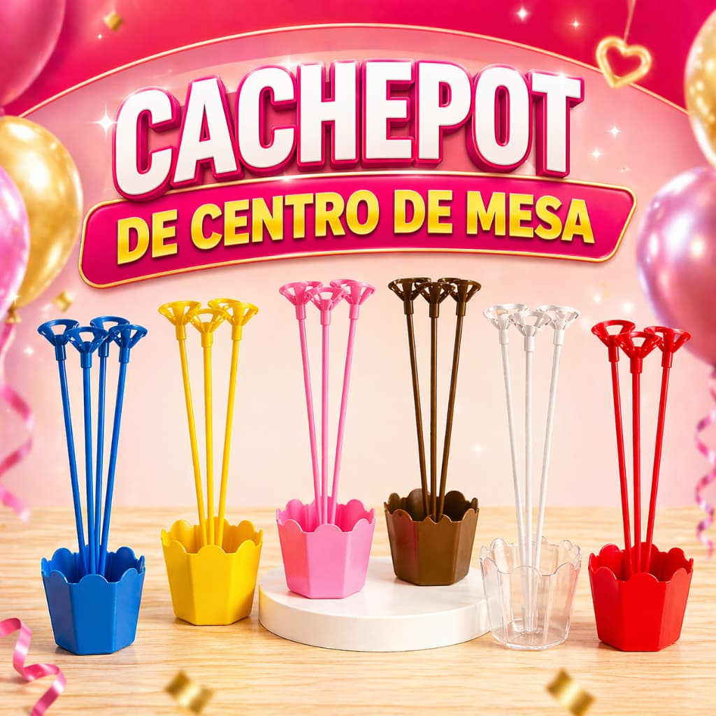 Cachepot de mesa festa aniversário com suporte para balão c/5