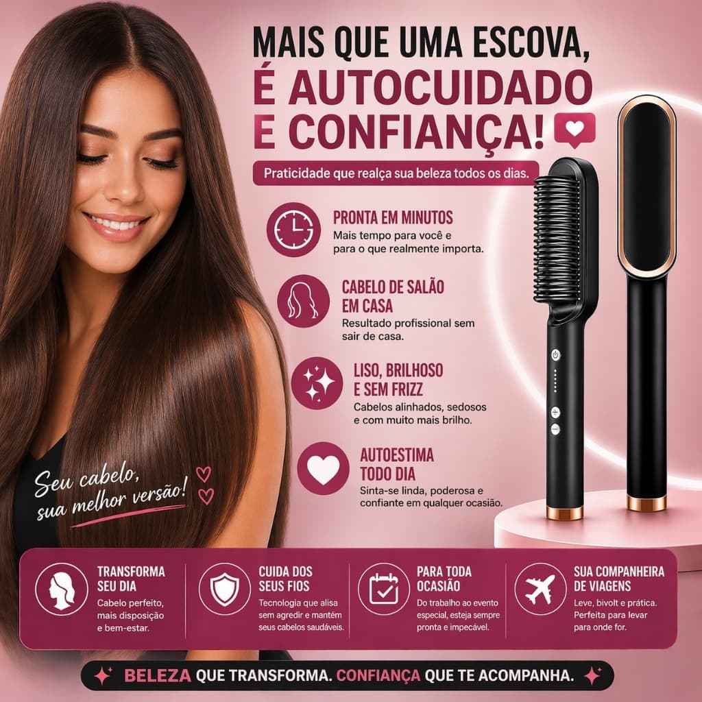Escova Alisadora Elétrica Bivolt Profissional 5 em 1 Temperatura Ajustável 200°C Anti Frizz