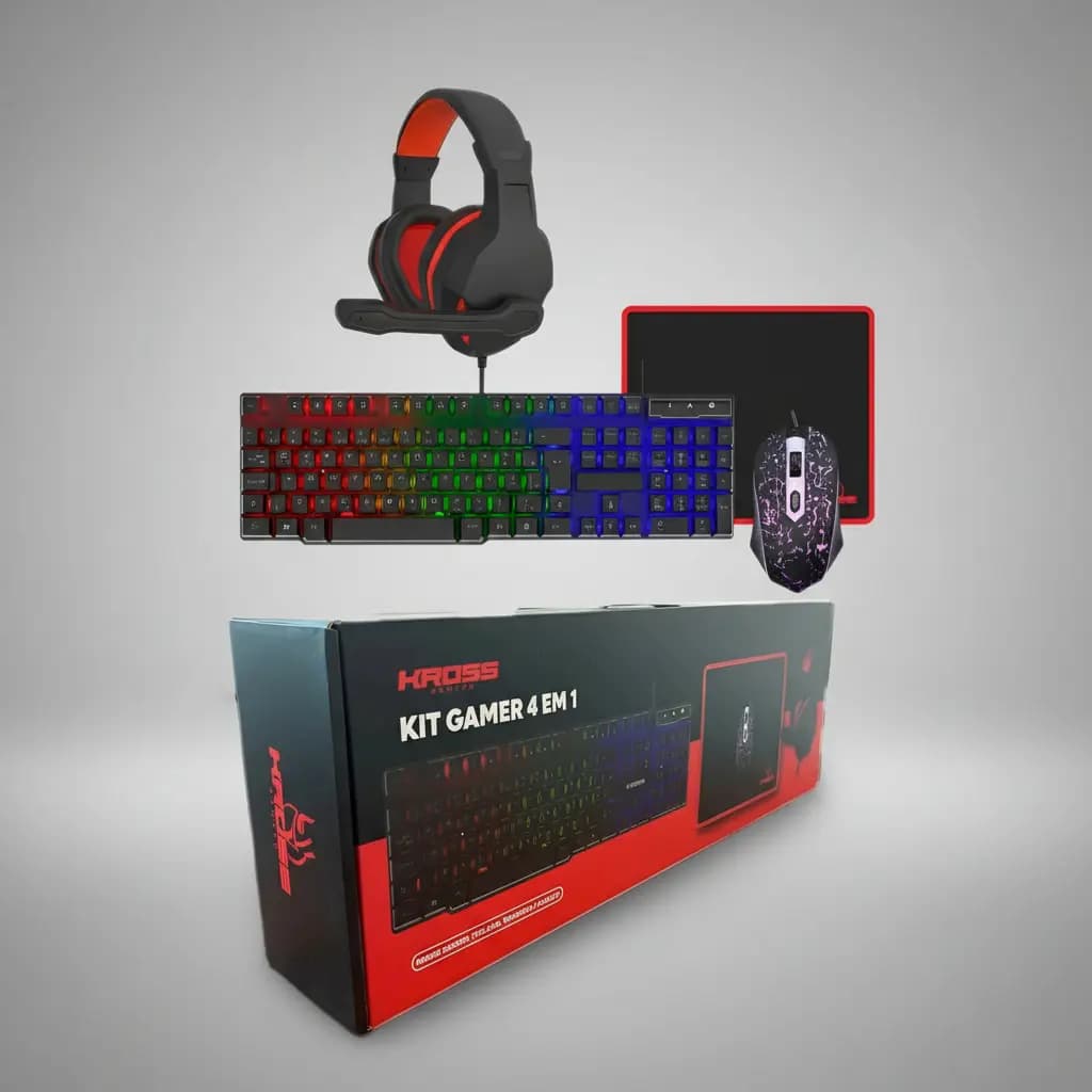 Kit Gamer Kross Elegance KE-GK4100 Rainbow 4 em 1, Teclado, Mouse, Mousepad, Headset - Preto
