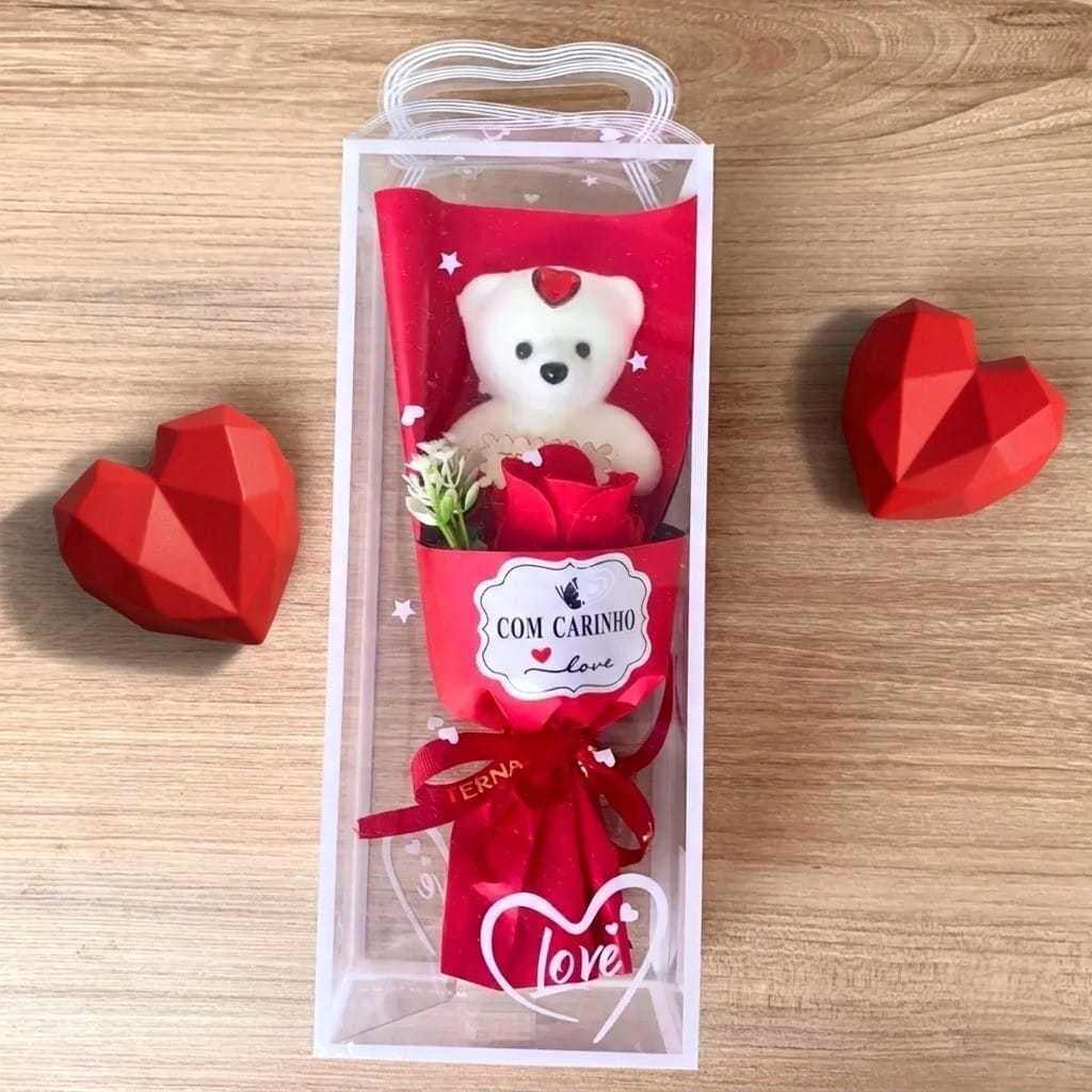 Buquê Botão de Rosa com Urso Flor Artificial Criativos Presente de Casamento Namorados Lembrancinha