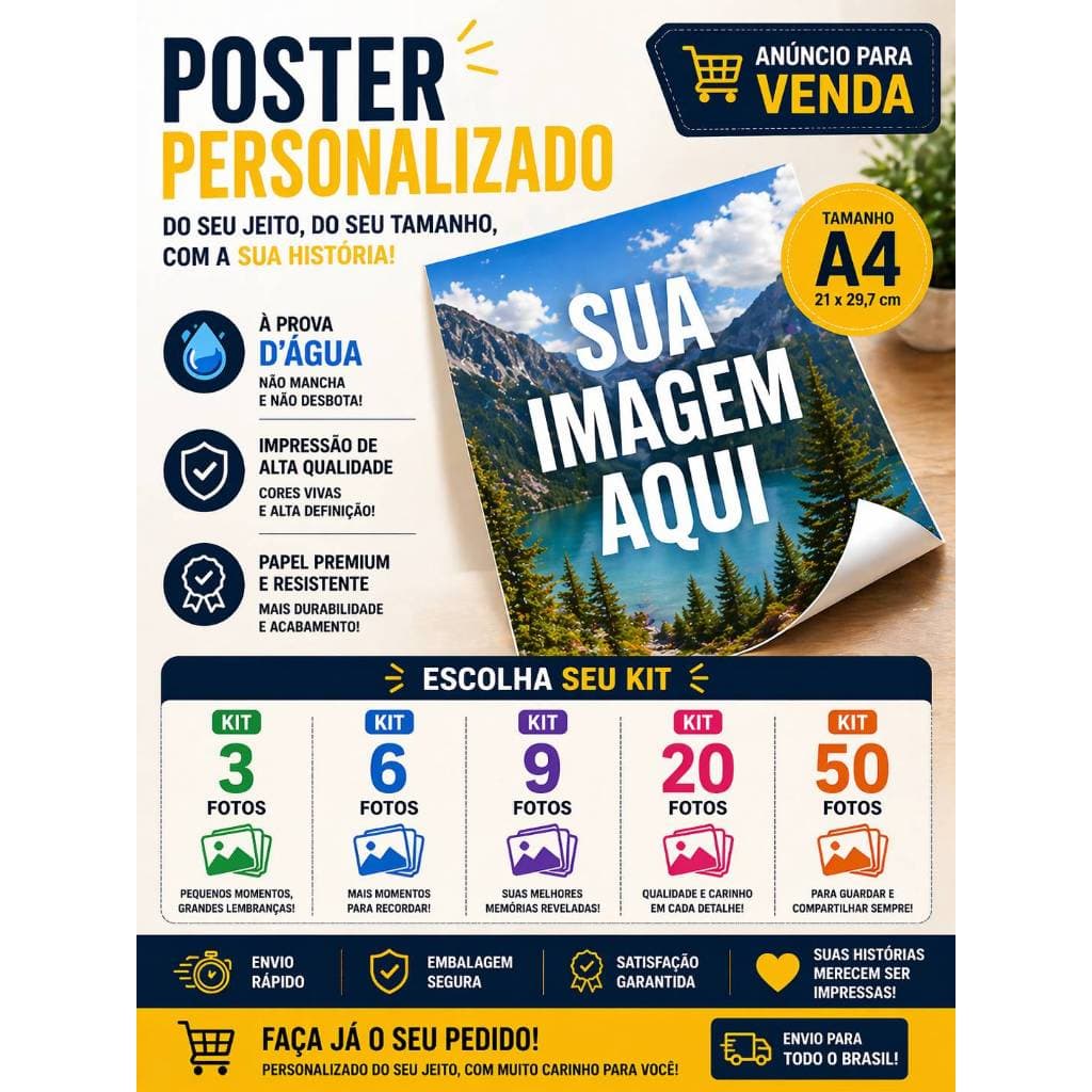 Poster A4 Personalizado - Revelar Fotos Grandes - Kits com 3, 6, 9, 20 e 50 Imagens - Papel Fotográfico Premium