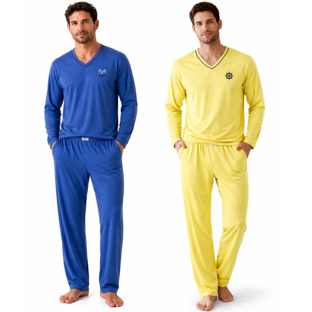 Pijama Masculino longo Adulto Confortável Inverno Manga Longa Calça Comprida Amarelo Liso Malha Fria