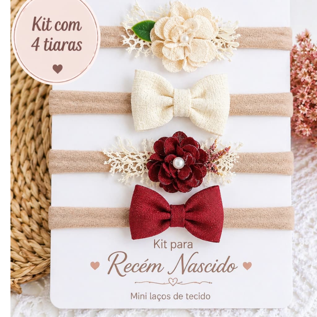 Kit  4 Tiaras em Cores linho marsala em flores e laços| Faixa Slim para Recém-Nascida maternidade