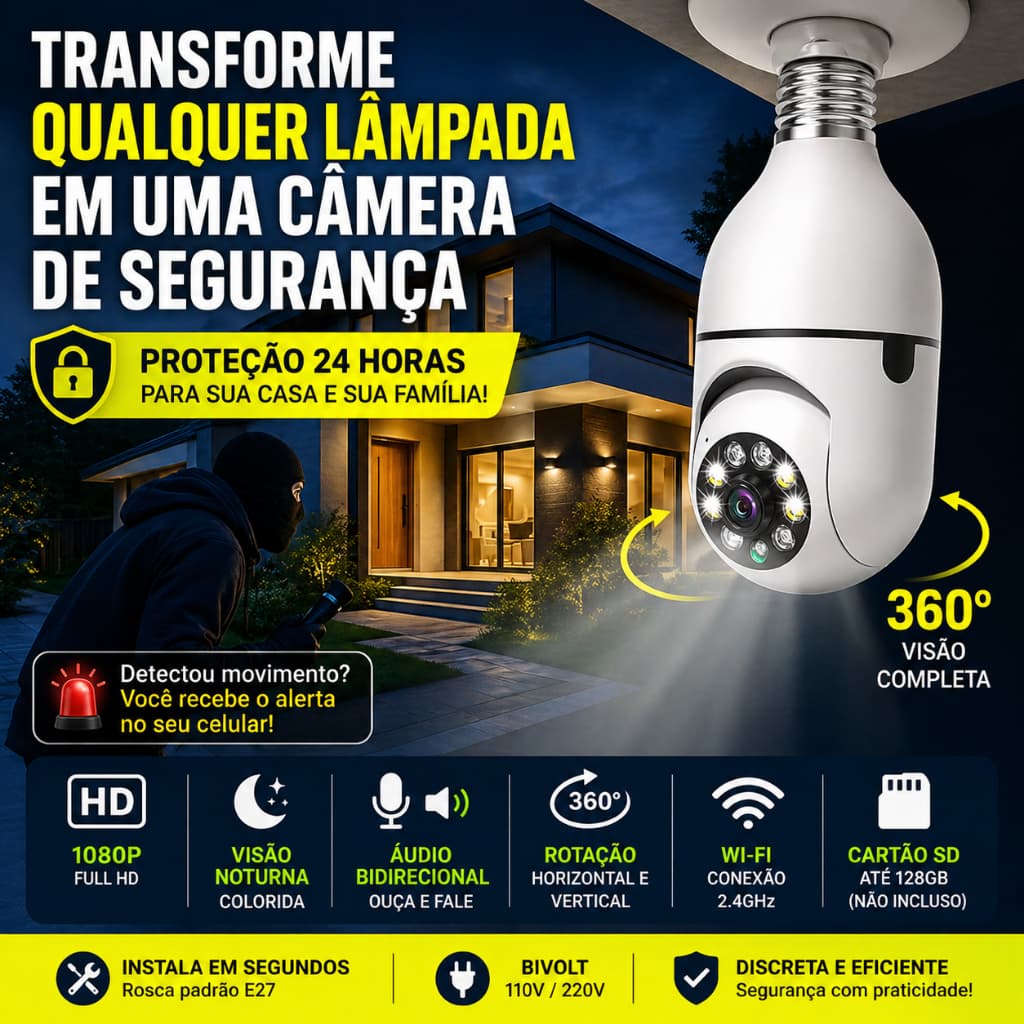 Câmera Lâmpada WiFi 360° Full HD Visão Noturna Áudio App Segurança IP Bivolt