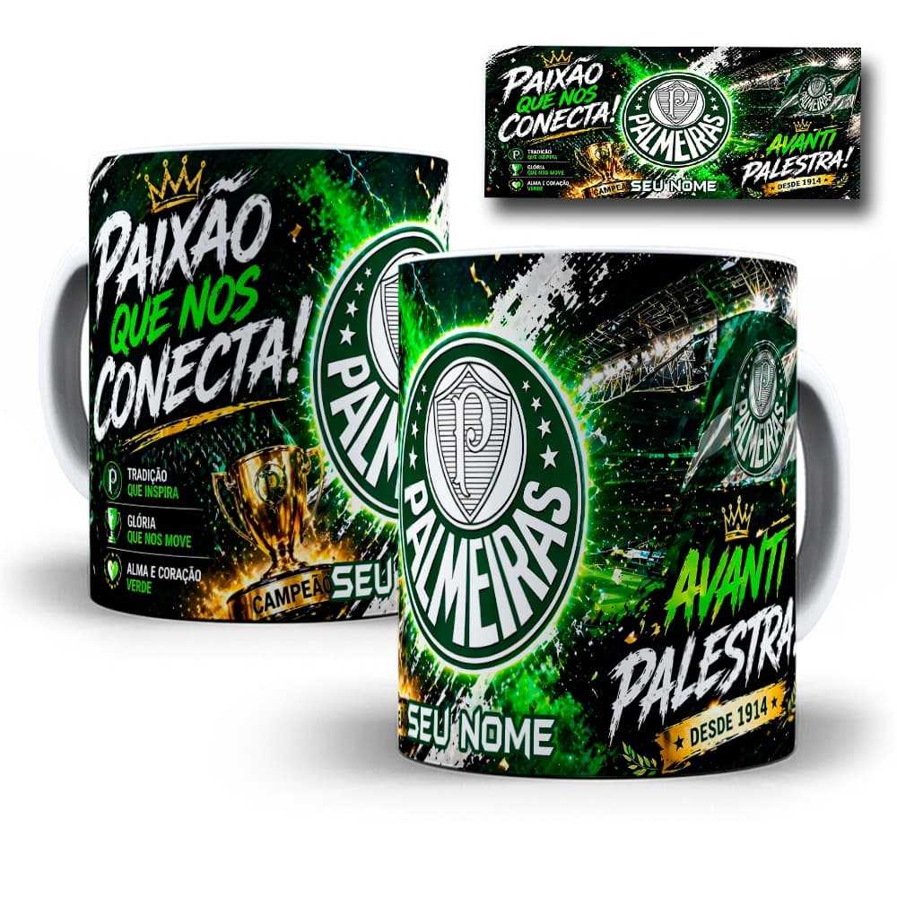 Caneca Palmeiras Porcelana 325ml Personalizada com SEU NOME Presente Torcedor Verde