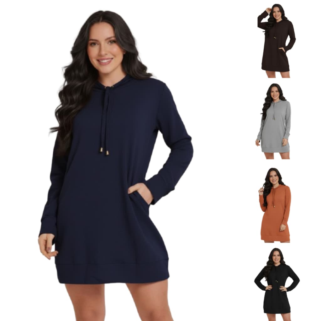 Vestido Moletom Feminino com Capuz e Bolso Canguru – Manga Longa, Estilo Oversized, Cinza Claro