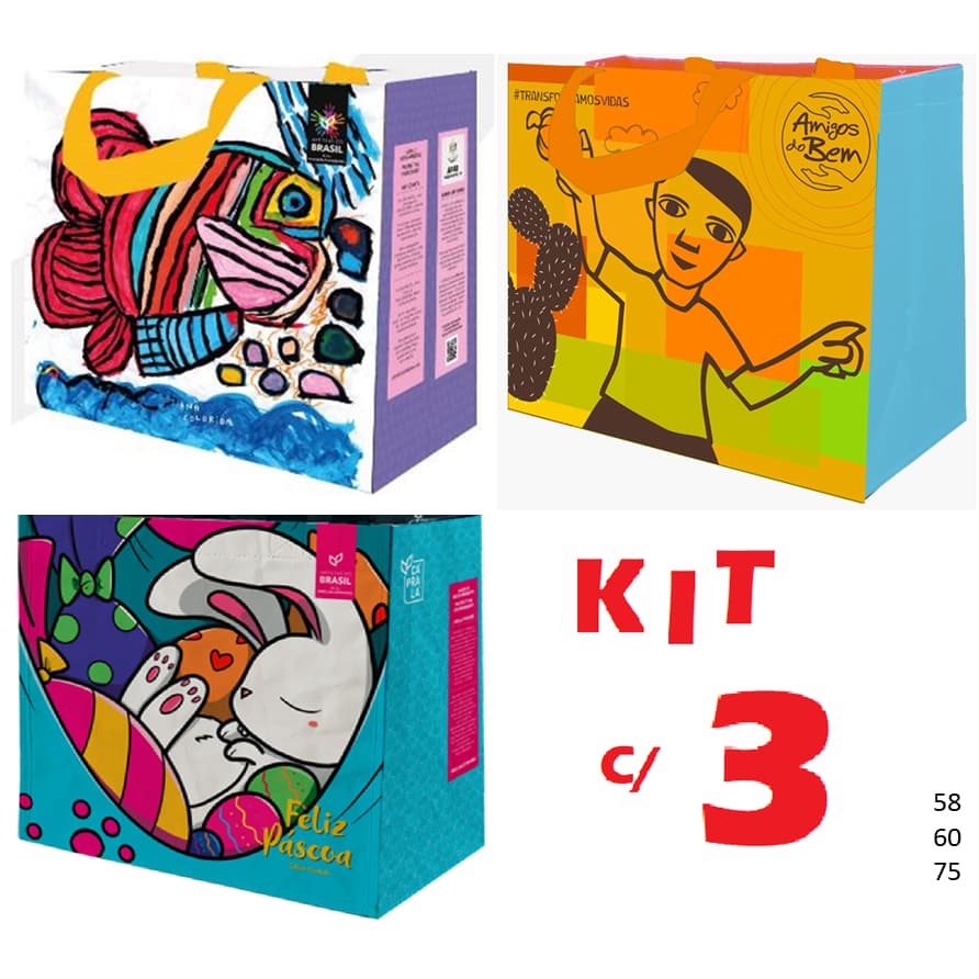 Kit Promo8 c/ 3 Sacolas Retornável de Ráfia Ecobag MÉDIA CáPraLá Artistas do Brasil