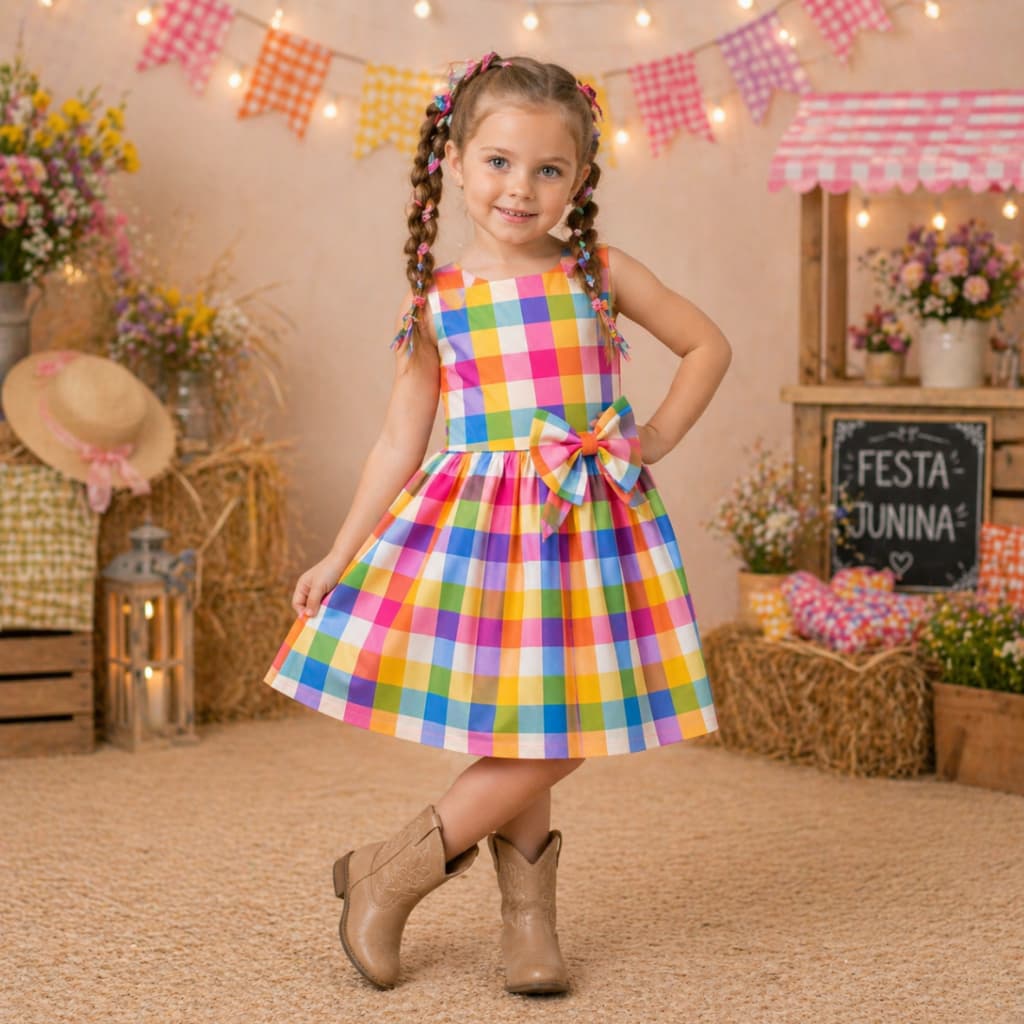 Vestido Infantil Feminino Menina Mini Diva Xadrez Festa Junina São Joao Arraia Quadrilha Country