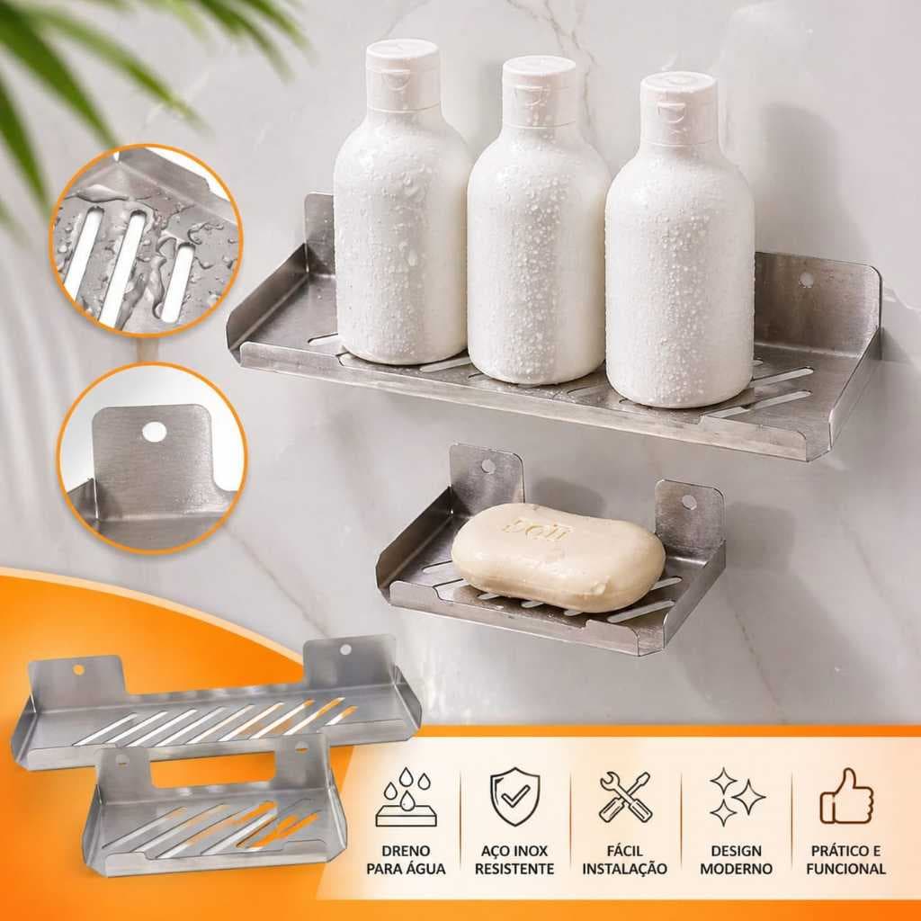 kit Porta Shampoo e saboneteira de Parede em Inox moderno kit banheiro