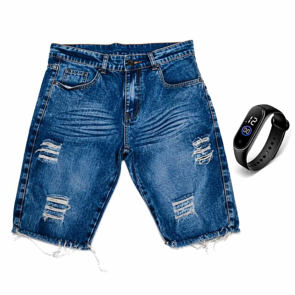 Bermuda Jeans Masculina Rasgda Barra Desfiada + Relógio Esportivo A Prova D'água