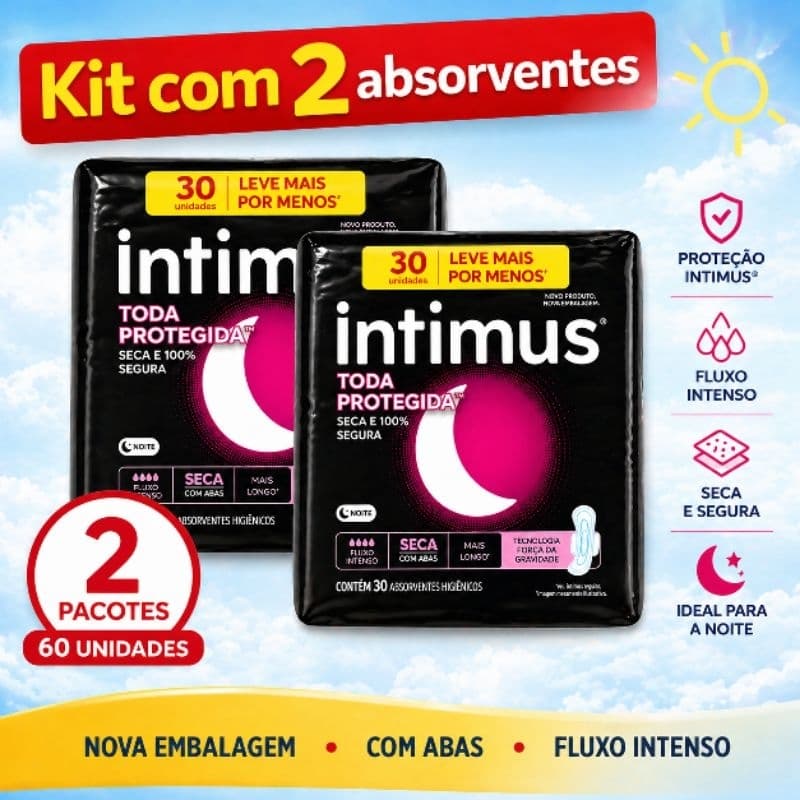 Kit C/2 Pacotes Absorvente Intimus Noturno Com Abas Toda Protegida C/30 Un. Cada - Total 60 Unidades