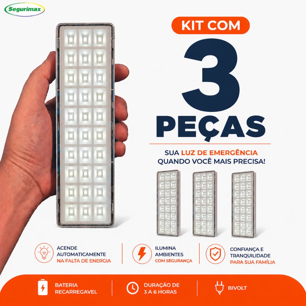 Kit 3 Luminaria Emergencia Lampada 30 Leds Recarregavel Bivolt Segurimax