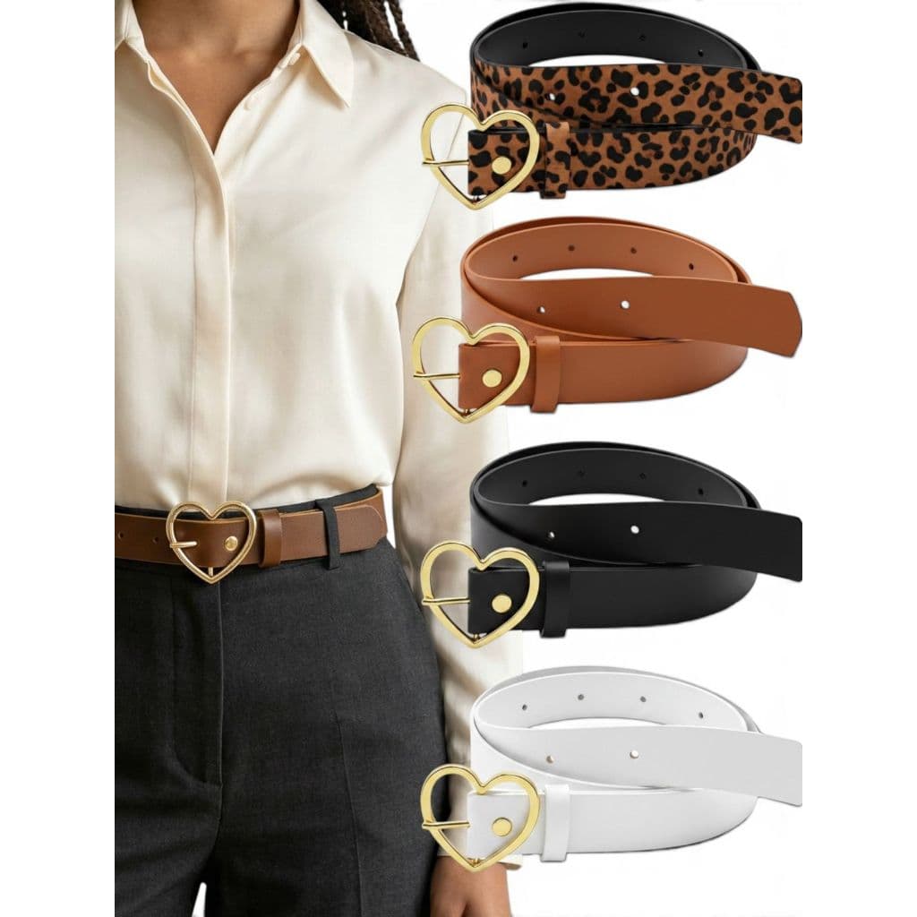 Cinto Feminino Elegante Fivela Coração Dourada Couro Sintético Blogueira Ajustável - Ester