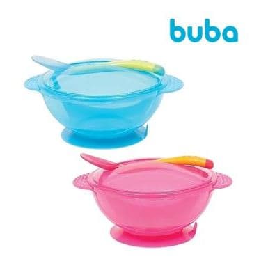 Kit Refeição com colher | bowl com ventosa | tigela com tampa 400ml | Azul ou Rosa | Buba