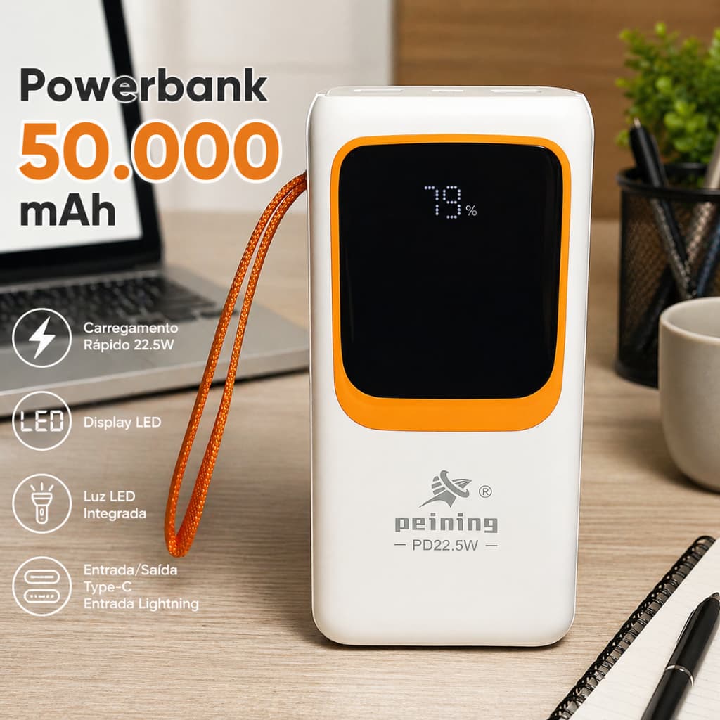 Carregador Portátil 50000 mAh Power Bank Grande Turbo 22.5W PD Rápido Com Lanterna Led